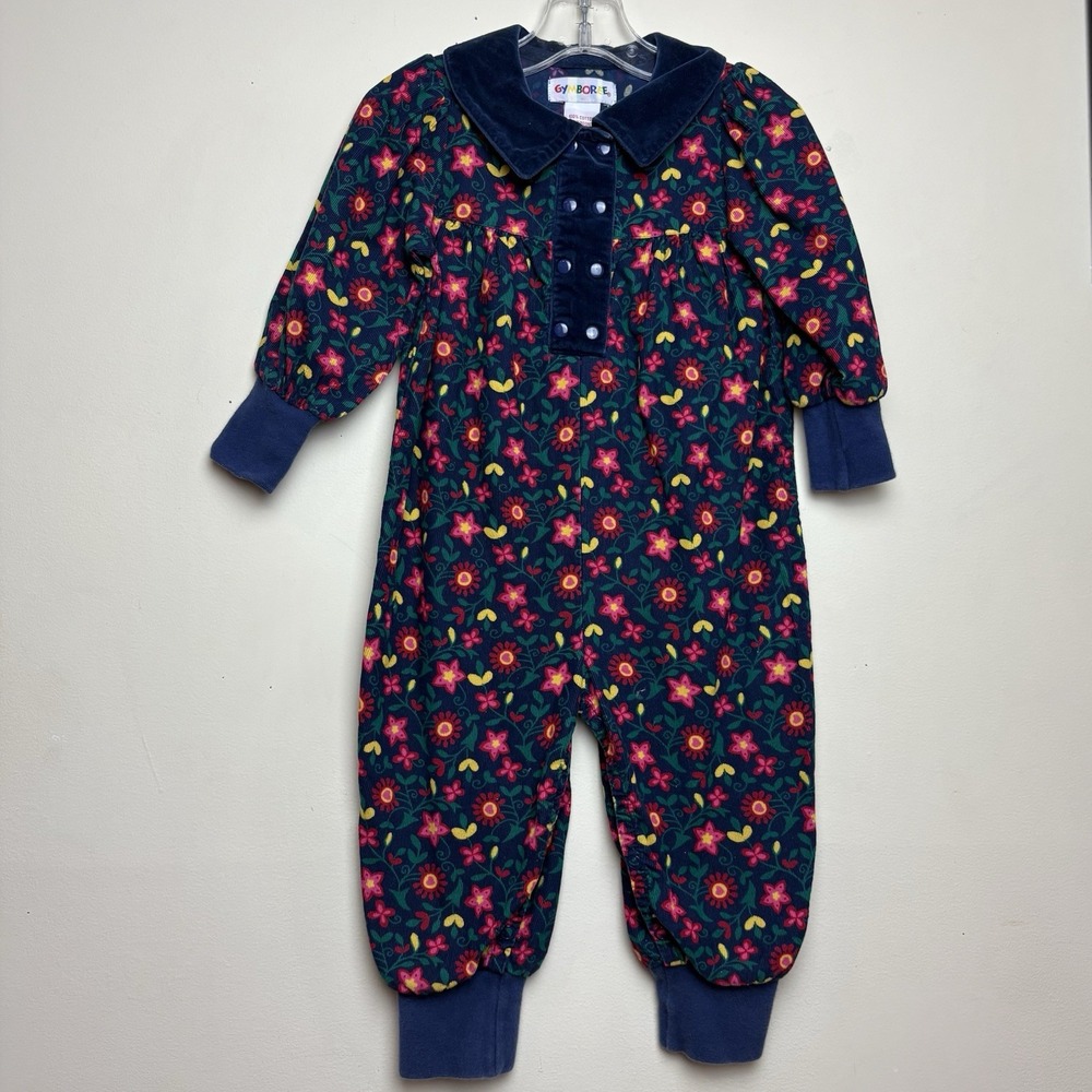 Vintage 1996 Gymboree Floral Holiday Plaid Blue Velvet Corduroy XS 9-18 Months
